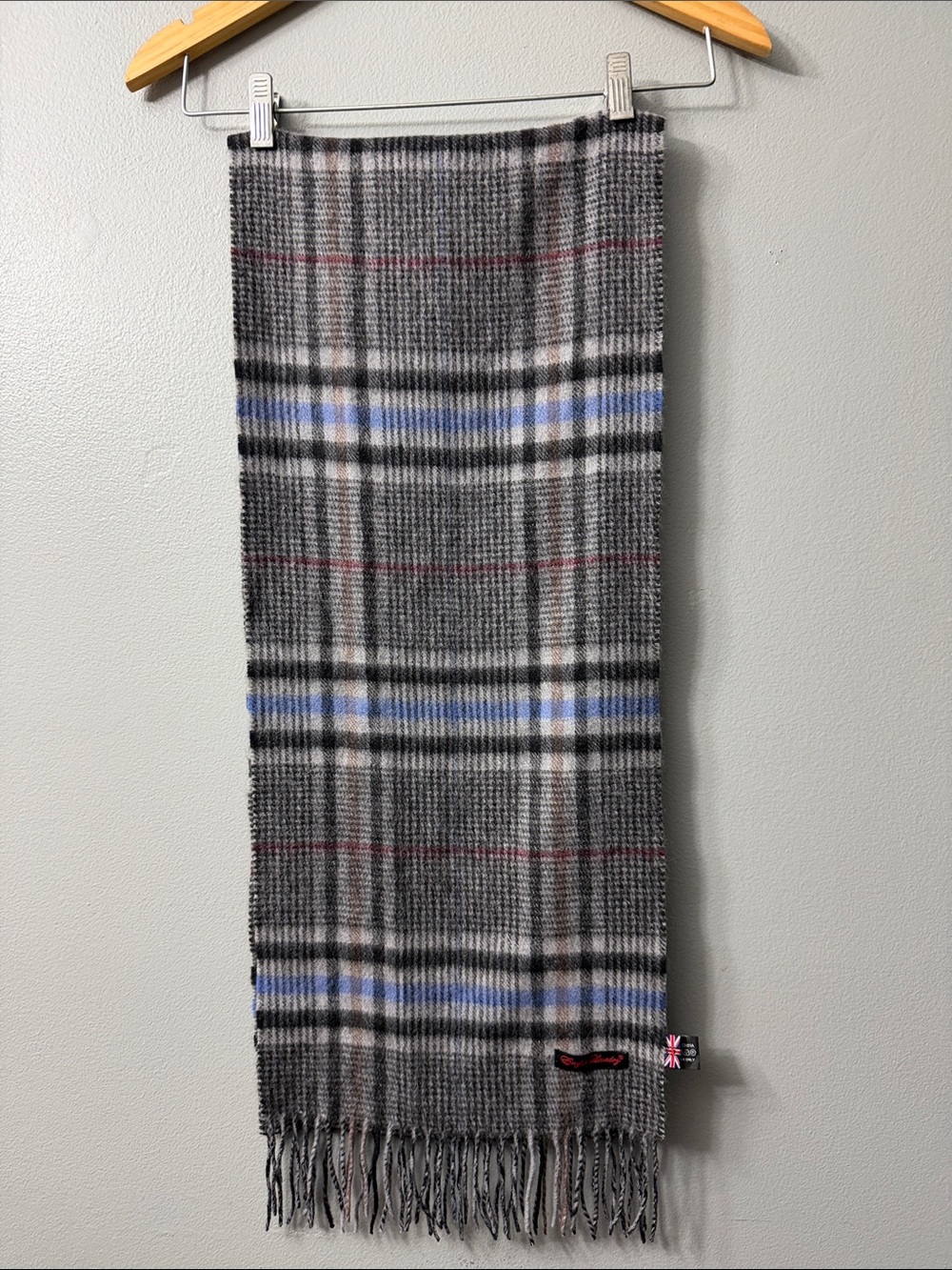 English Laundry Men's Gray Plaid Wool cashmere Scarf with Blue & Black Accents